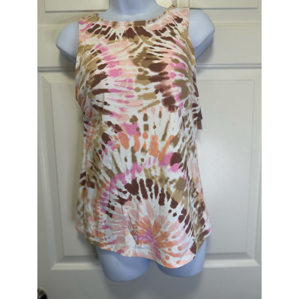 Lands’ End High Neck Tankini Top 8 Pink Brown Tie Dye UPF 50 Built In Cups NWT